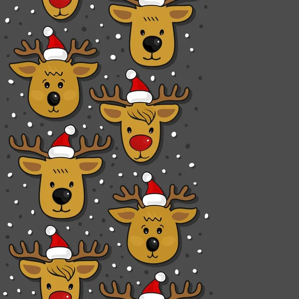 Reindeers faces in Santa Claus hats Christmas winter holidays seamless vertical border isolated on dark background — Stock Vector