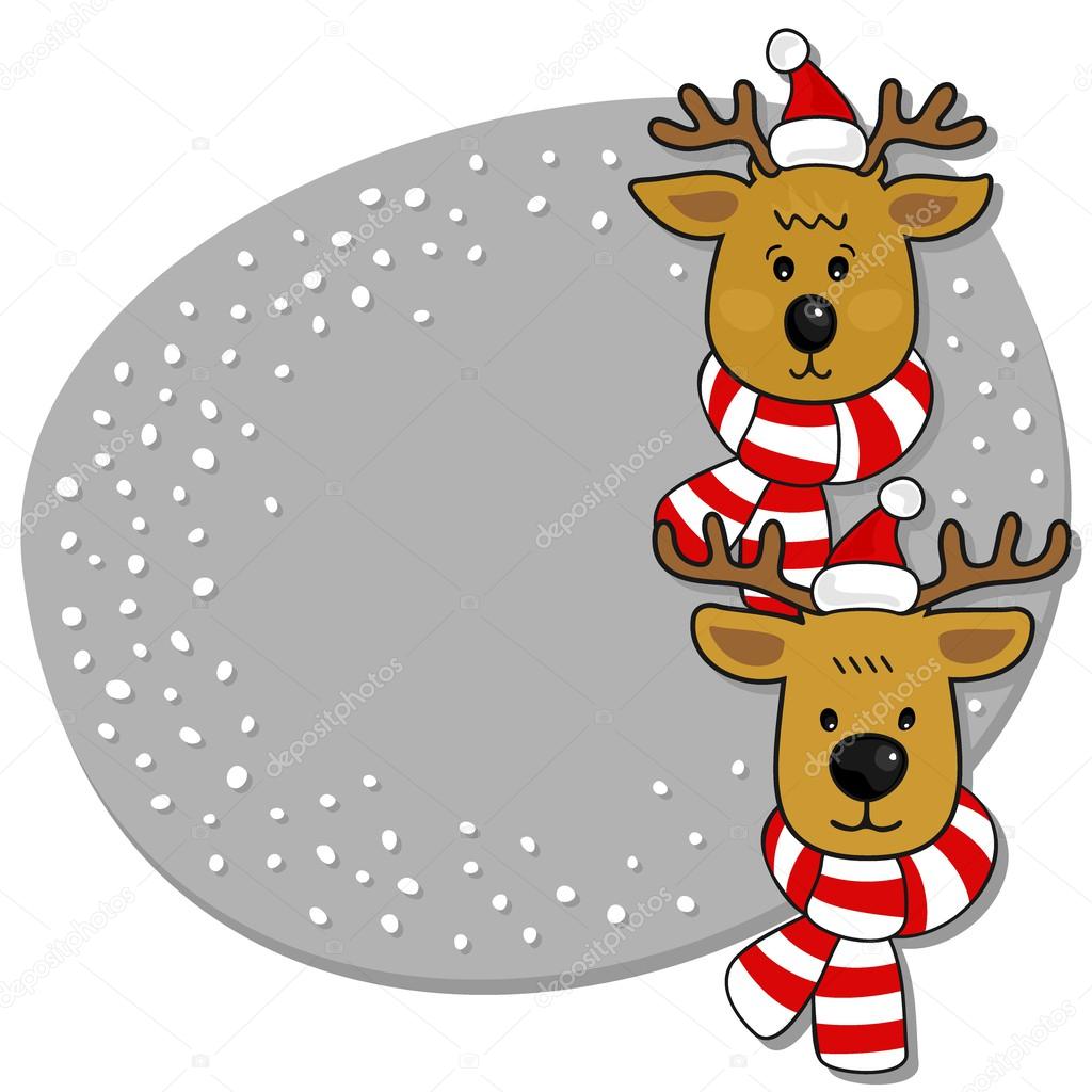 Two reindeers in Santa Claus hats and colorful scarfs winter holidays card on white background