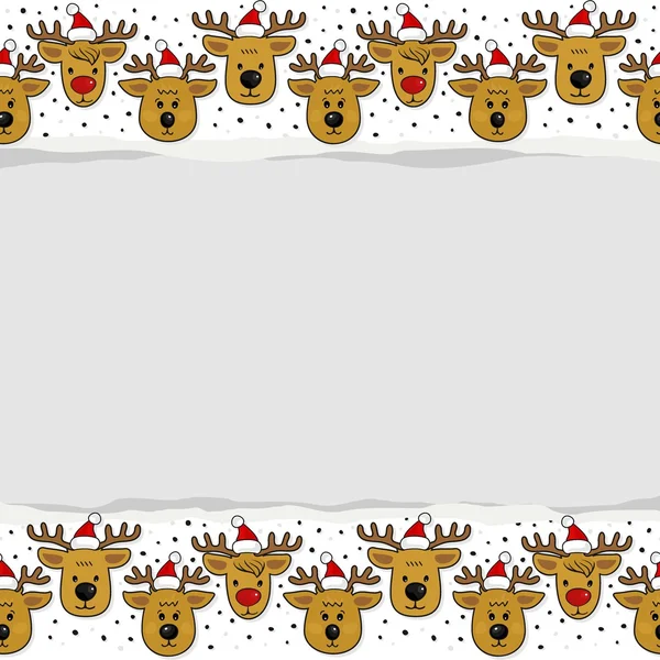 Reindeers in Santa Claus hats in regular rows Christmas winter holidays seamless pattern on white background with blank torn paper with place for your text horizontal border — Stock Vector