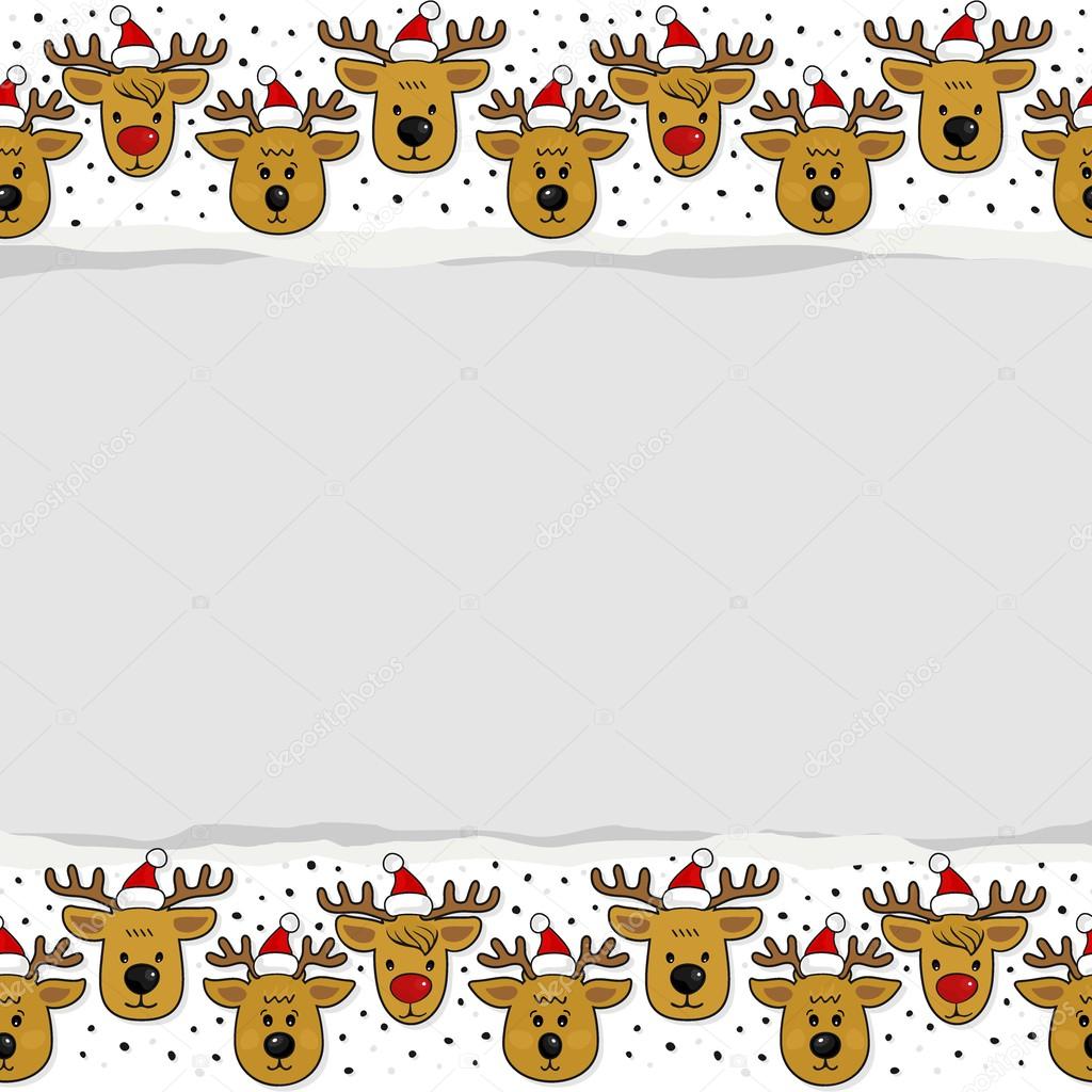 Reindeers in Santa Claus hats in regular rows Christmas winter holidays seamless pattern on white background with blank torn paper with place for your text horizontal border