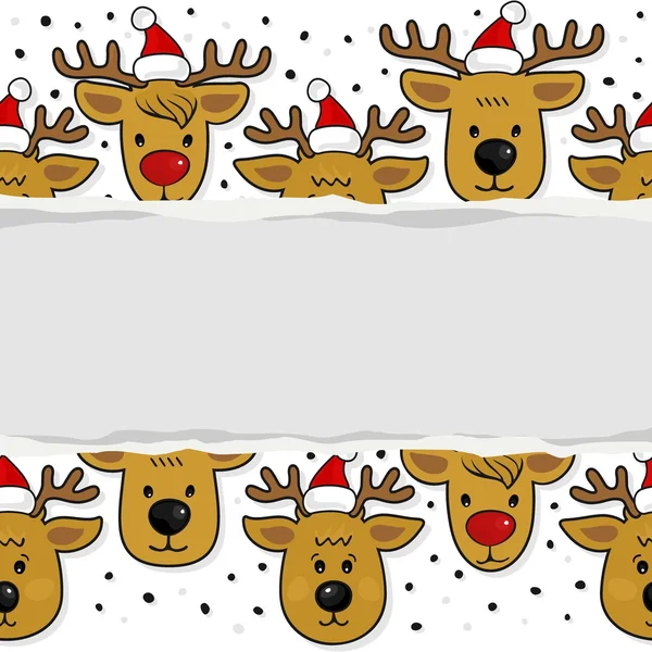 Reindeers in Santa Claus hats Christmas winter holidays horizontal card with torn paper on white background — Stock Vector