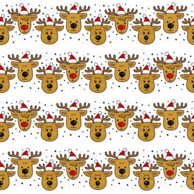 Noel Baba şapkaları düzenli yatay satır Noel kış tatil Dikişsiz desen beyaz arka plan üzerinde reindeers