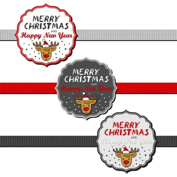 ビンテージ フレームとリボン クリスマスとサンタ クロース帽子クリスマスのトナカイの願いステッカー セットの分離の白い背景の英語の冬の休日 — ストックベクタ