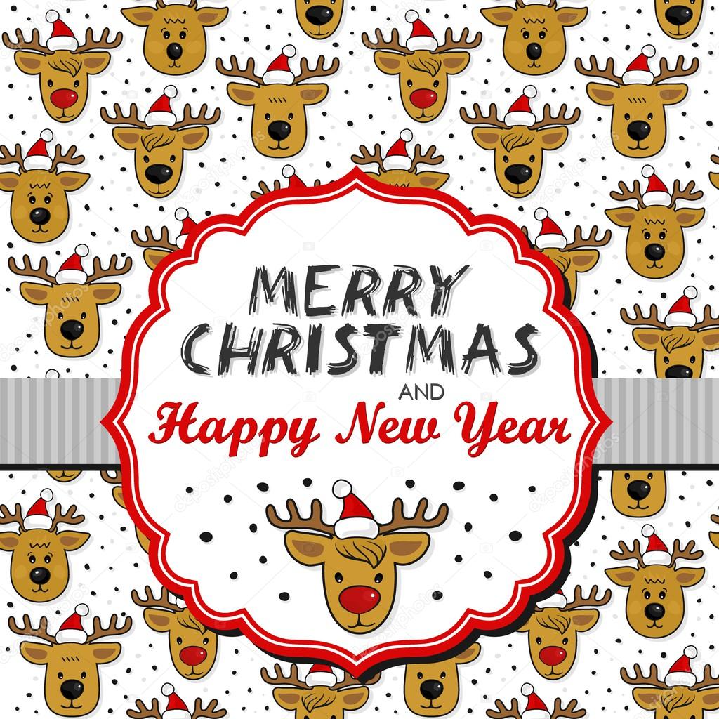 Reindeers in Santa Claus hats messy Christmas winter holidays seamless pattern on white background with retro shaped frame and ribbon with Christmas wishes in English