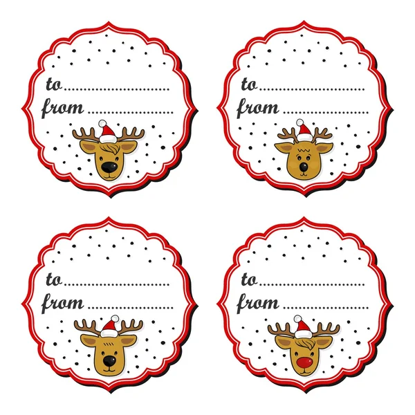 Reindeers in Santa Claus hats Christmas with vintage frame and gift text in English winter holidays sticker set  isolated on white background — Stock Vector