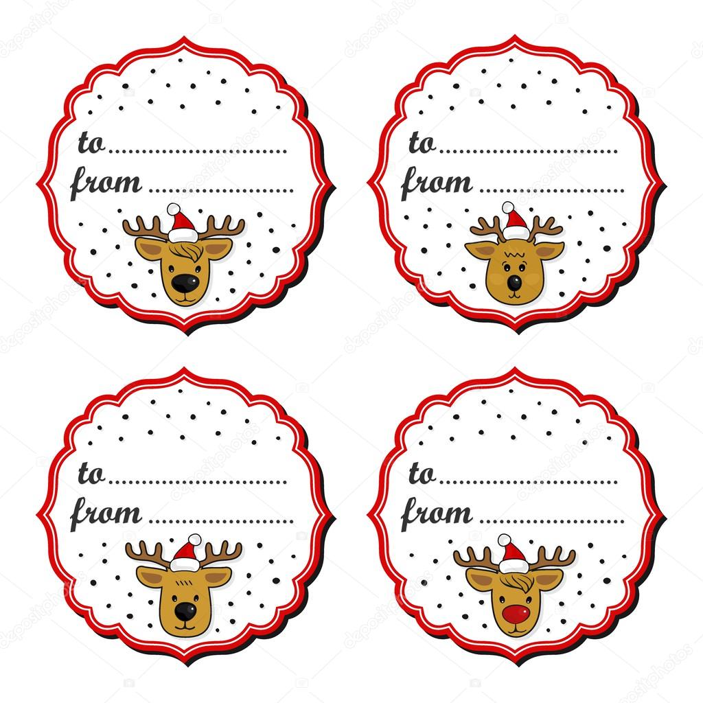 Reindeers in Santa Claus hats Christmas with vintage frame and gift text in English winter holidays sticker set  isolated on white background