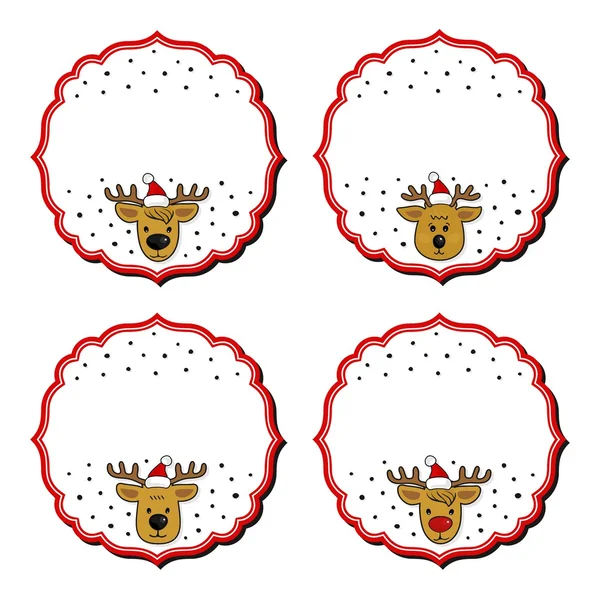 Renos en los sombreros de Santa Claus Navidad con marco vintage en blanco vacaciones de invierno conjunto de pegatinas aisladas sobre fondo blanco — Vector de stock