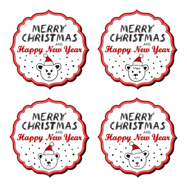 Osos polares en los sombreros de Santa Claus Navidad con marco vintage y deseos de Navidad en Inglés conjunto de pegatinas de vacaciones de invierno aislado sobre fondo blanco — Vector de stock
