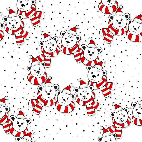 Polar bear heads in Santa Claus hats and colorful scarfs wreath winter holidays illustration with snow dots seamless pattern on white background — Stock Vector