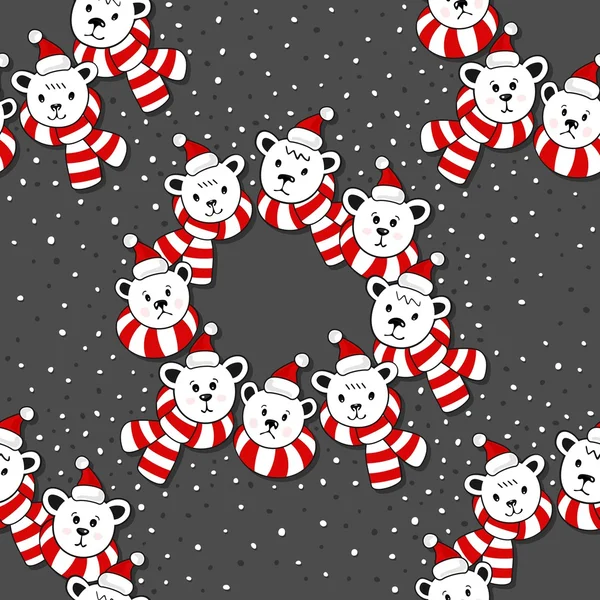 Polar bear hoofden in Santa Claus hoeden en kleurrijke sjaals krans winter vakantie illustratie met sneeuw stippen naadloze patroon op donkere achtergrond — Stockvector