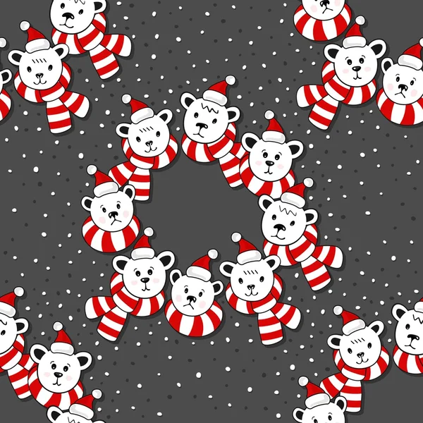 Cabezas de oso polar en sombreros de Santa Claus y bufandas coloridas corona vacaciones de invierno ilustración con puntos de nieve patrón sin costuras sobre fondo oscuro — Vector de stock