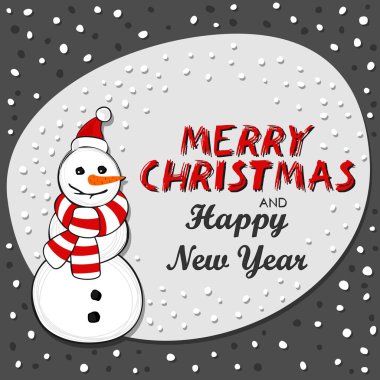 Santa Claus şapka ve Noel ile koyu arka plan üzerinde renkli eşarp kış tatil kartı mutlu kardan adam İngilizce dilek