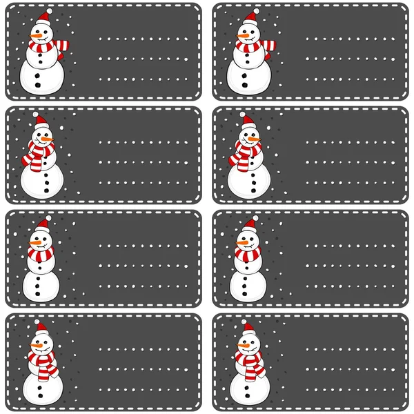 Snowmen in Santa Claus hats and scarfs Christmas winter holidays white gift label sticker set isolated on dark background — Stock Vector