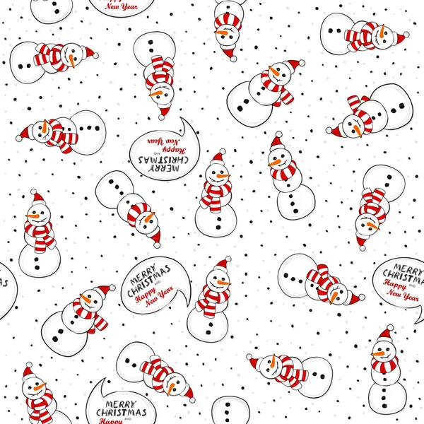Snowmen in Santa Claus hats messy Christmas winter holidays seamless pattern with Christmas wishes on white background — Stock Vector