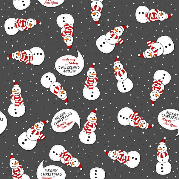 Muñecos de nieve en los sombreros de Papá Noel desordenado vacaciones de invierno de Navidad patrón sin costuras con deseos de Navidad sobre fondo oscuro — Vector de stock