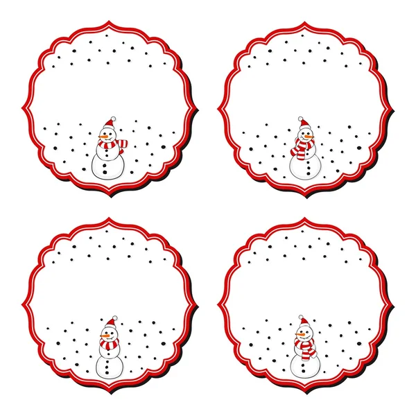 Muñecos de nieve en Santa Claus sombreros de Navidad con marco vintage en blanco vacaciones de invierno conjunto de pegatinas aisladas sobre fondo blanco — Archivo Imágenes Vectoriales