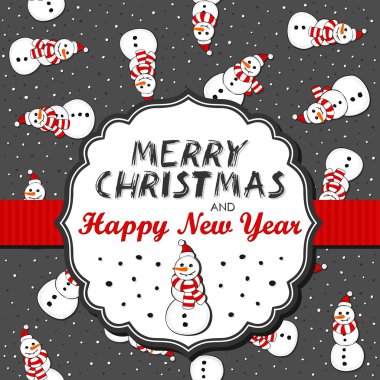 Kardan adam Noel Baba şapkaları dağınık Noel kış tatil retro şekilli çerçeve koyu zemin üzerine Dikişsiz desen ve İngilizce olarak kurdele ile Noel dilek