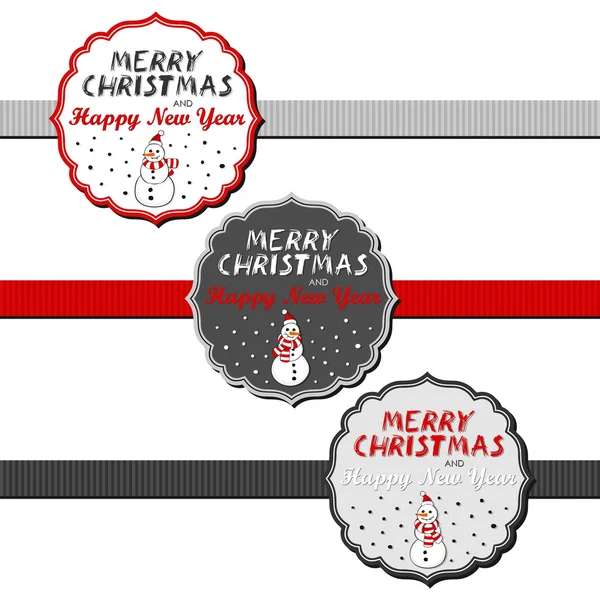 Sněhuláci v Santa Claus čepice vánoční s vintage rámem a stuhu a vánoční přání v angličtině zimní prázdniny, nálepka nastaven izolovaných na bílém pozadí — Stockový vektor