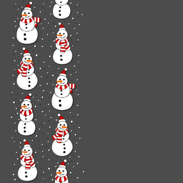Snowmen in Santa Claus hats vertical border Christmas winter holidays seamless pattern on dark background — Stock Vector