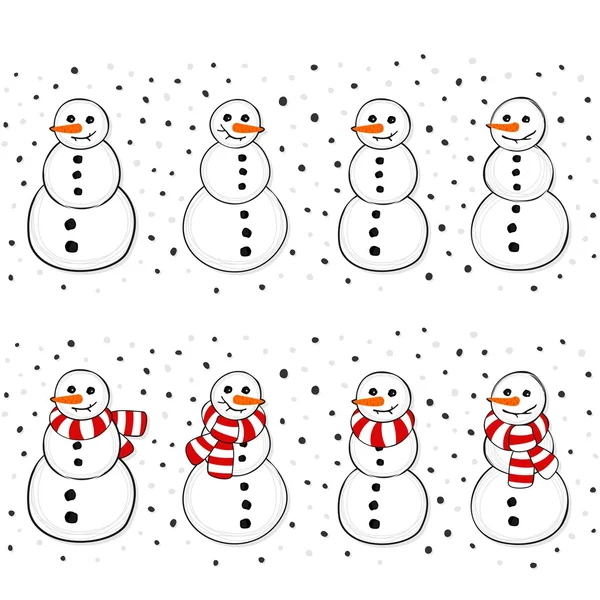 Snowmen and snowmen with stripped scarfs Christmas winter holidays seamless horizontal border set set isolated on white background — Stock Vector