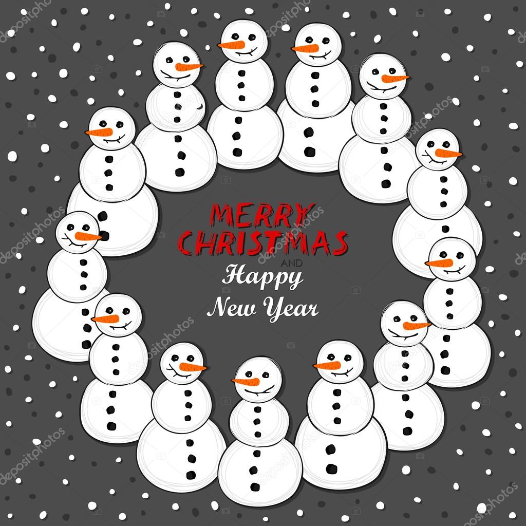 Happy snowmen wreath Christmas winter holiday card illustration with wishes in English on dark background