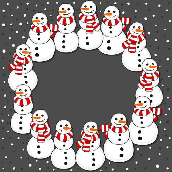 Happy snowmen with stripped scarfs wreath Christmas winter holiday card illustration on dark background — Stock Vector