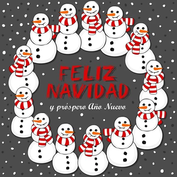 Feliz muñecos de nieve con bufandas desnudadas corona Navidad invierno tarjeta de vacaciones ilustración con Feliz Navidad deseos en español sobre fondo oscuro — Vector de stock