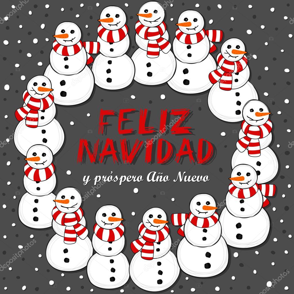 Happy snowmen with stripped scarfs wreath Christmas winter holiday card illustration with Merry Christmas wishes in Spanish on dark background