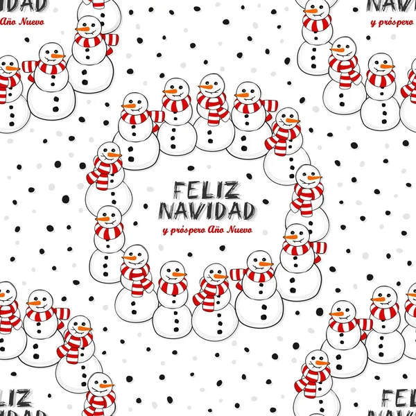 Feliz muñecos de nieve con bufandas despojadas corona Navidad invierno vacaciones patrón sin costuras con Felices deseos de Navidad en español sobre fondo blanco — Vector de stock