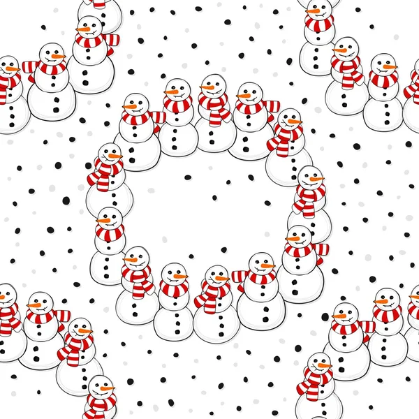 Happy snowmen with stripped scarfs wreath Christmas winter holiday seamless pattern on white background — Stock Vector