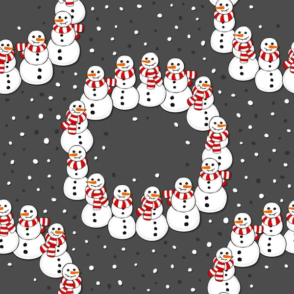 Happy snowmen with stripped scarfs wreath Christmas winter holiday seamless pattern on dark background — Stock Vector