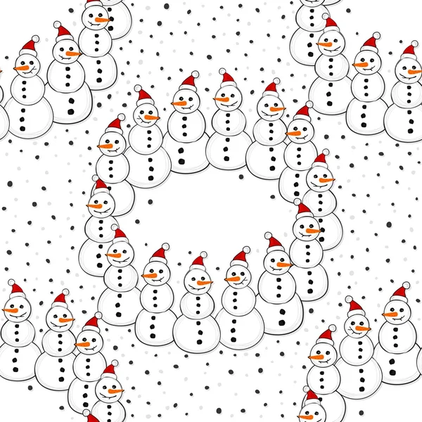 Šťastný sněhuláci v Santa Claus klobouky věnec vánoční zimní dovolenou kartu obrázek na bílém pozadí — Stockový vektor