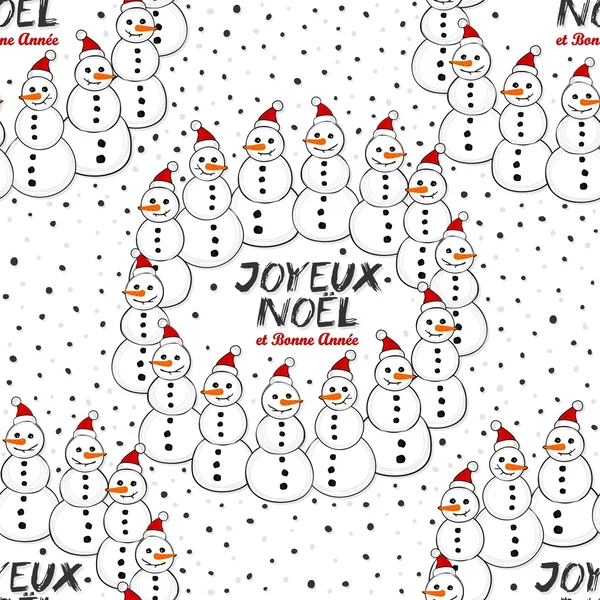 Felice pupazzo di neve a Babbo Natale cappelli ghirlanda Natale inverno carta illustrazione con auguri di Buon Natale in francese su sfondo scuro — Vettoriale Stock