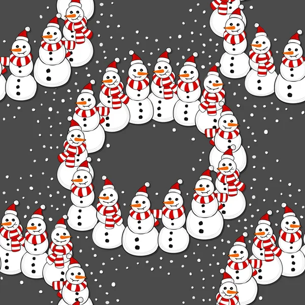 Happy snowmen in Santa Claus hats and striped scarfs wreath Christmas winter holiday illustration on dark background seamless pattern — Stock Vector