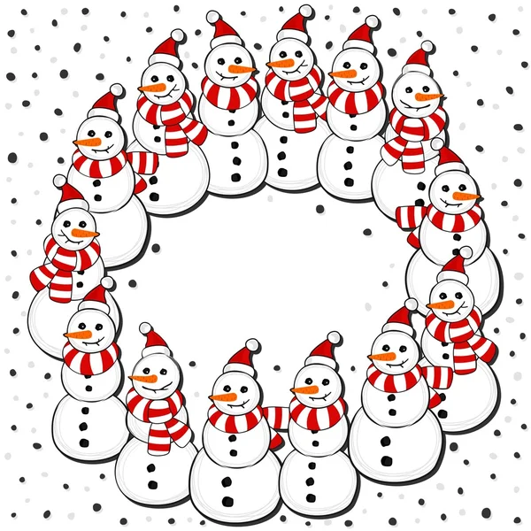 Snowmen in Santa Claus hats and striped scarfs wreath Christmas winter holidays card illustration on white background — Stock Vector