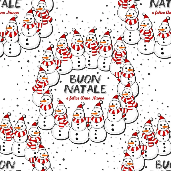 Felici pupazzi di neve a Babbo Natale cappelli e sciarpe a righe corona di Natale vacanza invernale illustrazione con auguri di Buon Natale in italiano su sfondo bianco modello senza cuciture — Vettoriale Stock