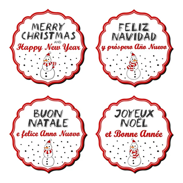 Snowmen in Santa Claus hats Christmas with vintage frame and Christmas wishes in English French Spanish Italian winter holidays sticker set isolated on white background — Stock Vector