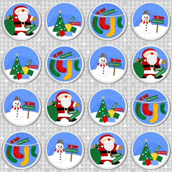 Barevné zimní dovolená kolo tvarované ilustrace s Santa Claus vánoční stromeček dárek ponožky a šťastný sněhulák s veselé vánoční přání v angličtině vzor bezešvé na šedém pozadí — Stockový vektor