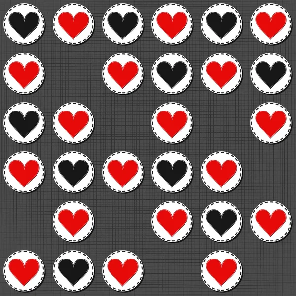 Big red gray lonely heart badges lovely sewed romantic Valentines Day seamless pattern on gray background — Stock Vector