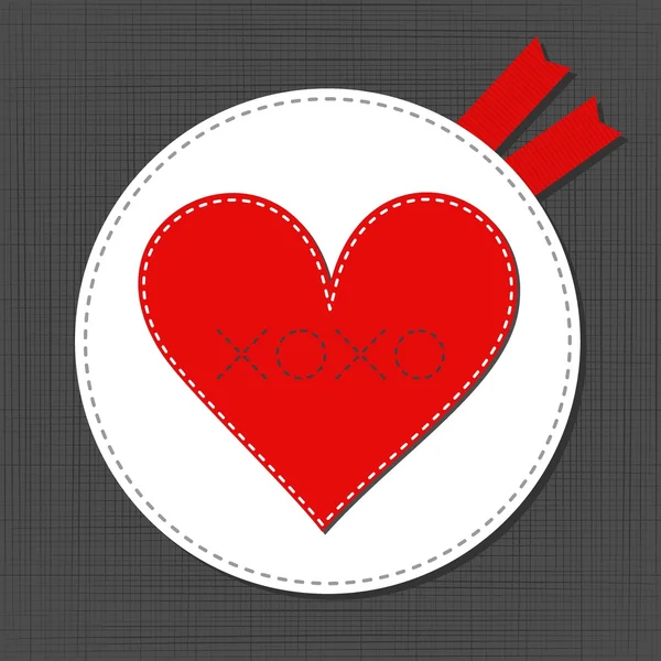 Grande rojo solitario corazón precioso cosido romántico San Valentín Tarjeta del día sobre fondo gris — Vector de stock