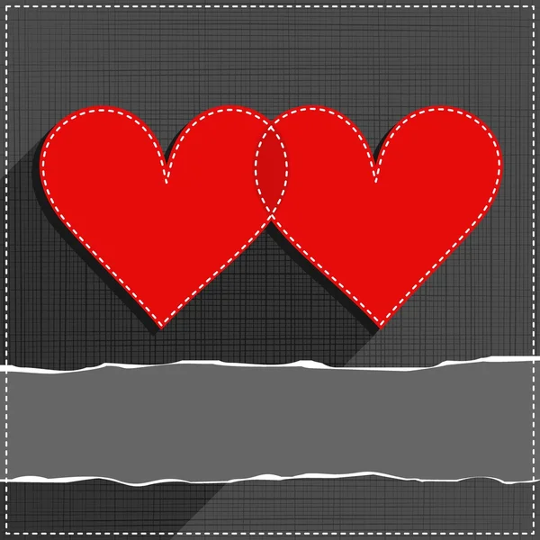 Zwei verliebte Herzen liebevoll genähte romantische Valentinstag-Karte auf grauem Hintergrund mit zerrissenem Papier mit Platz für Ihren Text — Stockvektor
