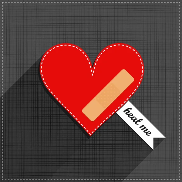Rood hart genezen me naaide romantische Valentijnsdag kaart op grijze achtergrond — Stockvector