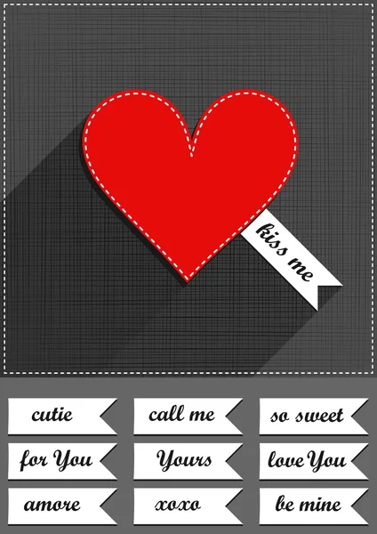 Adorável costurado romântico cartão de Dia dos Namorados com texto definido no fundo cinza — Vetor de Stock