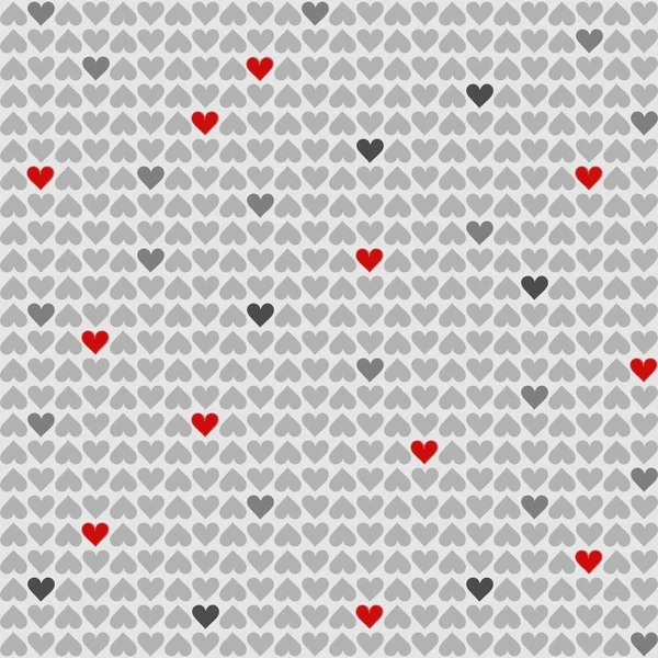 Pequeños corazones rojos y grises encantador romántico San Valentín patrón sin costuras sobre fondo gris claro — Vector de stock