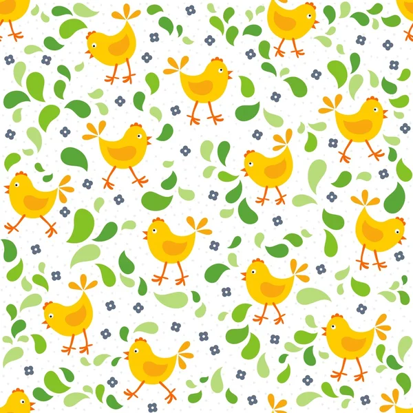 Petits poulets jaunes avec des feuilles vertes et des fleurs bleues motif sans couture Pâques désordonné — Image vectorielle