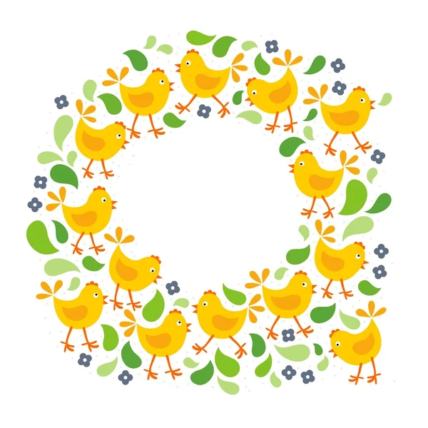 Petites poulets jaunes avec des feuilles vertes et des fleurs bleues Pâques vacances de printemps couronne décorative — Image vectorielle