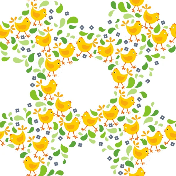 Petits poulets jaunes avec des feuilles vertes et des fleurs bleues motif sans couture couronne de Pâques — Image vectorielle