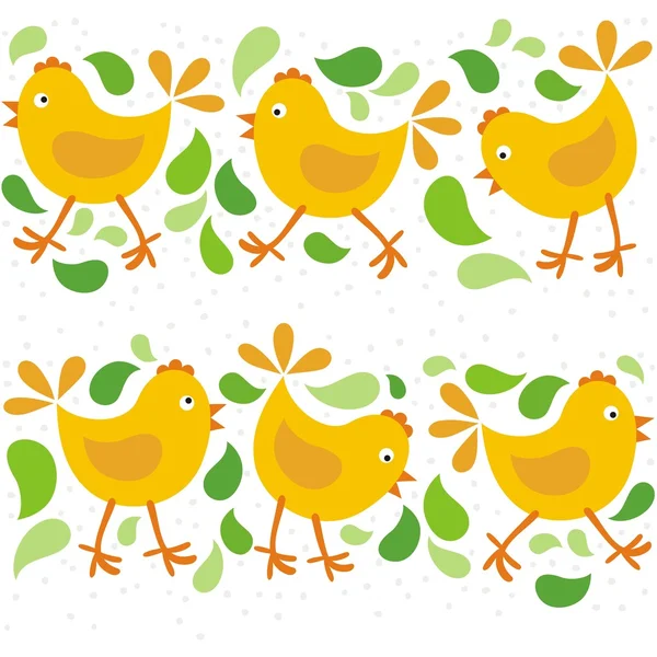 Little yellow chickens with green leaves Easter spring holidays horizontal seamless pattern — Stock Vector