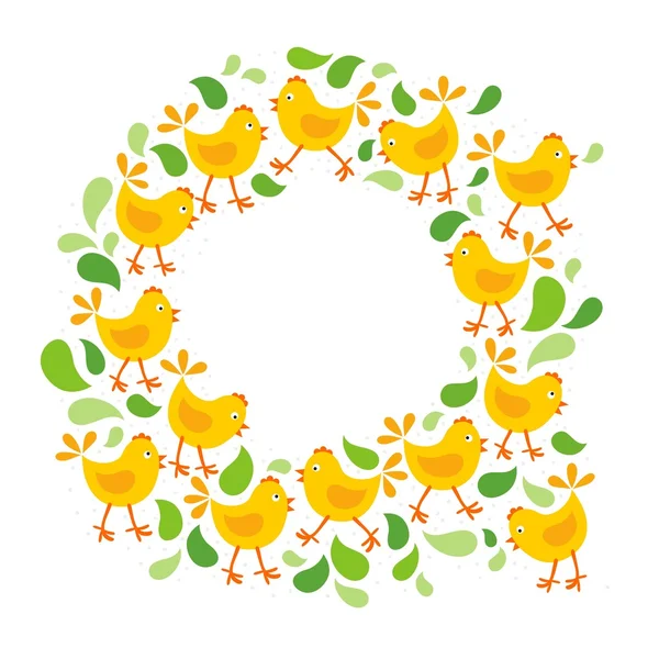 작은 노란 닭 녹색 나뭇잎 부활절 봄 휴일 장식 화 환 — 스톡 벡터