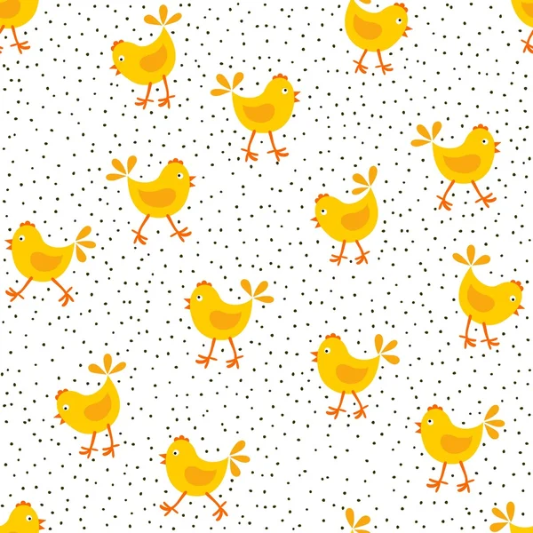 Pequenas galinhas amarelas e pontos confuso Páscoa primavera feriados sem costura padrão — Vetor de Stock